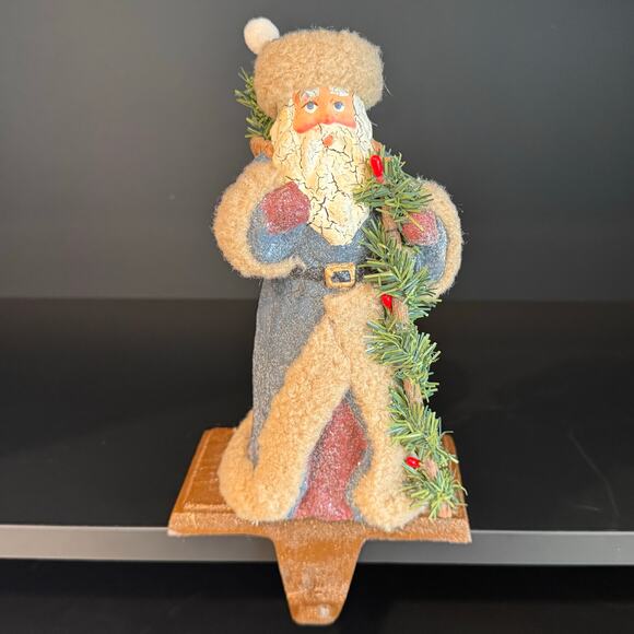 Vintage Santa Stocking Hanger w/ Crackled Aged Finish and Faux Fur Accents, 8”H - Picture 1 of 7